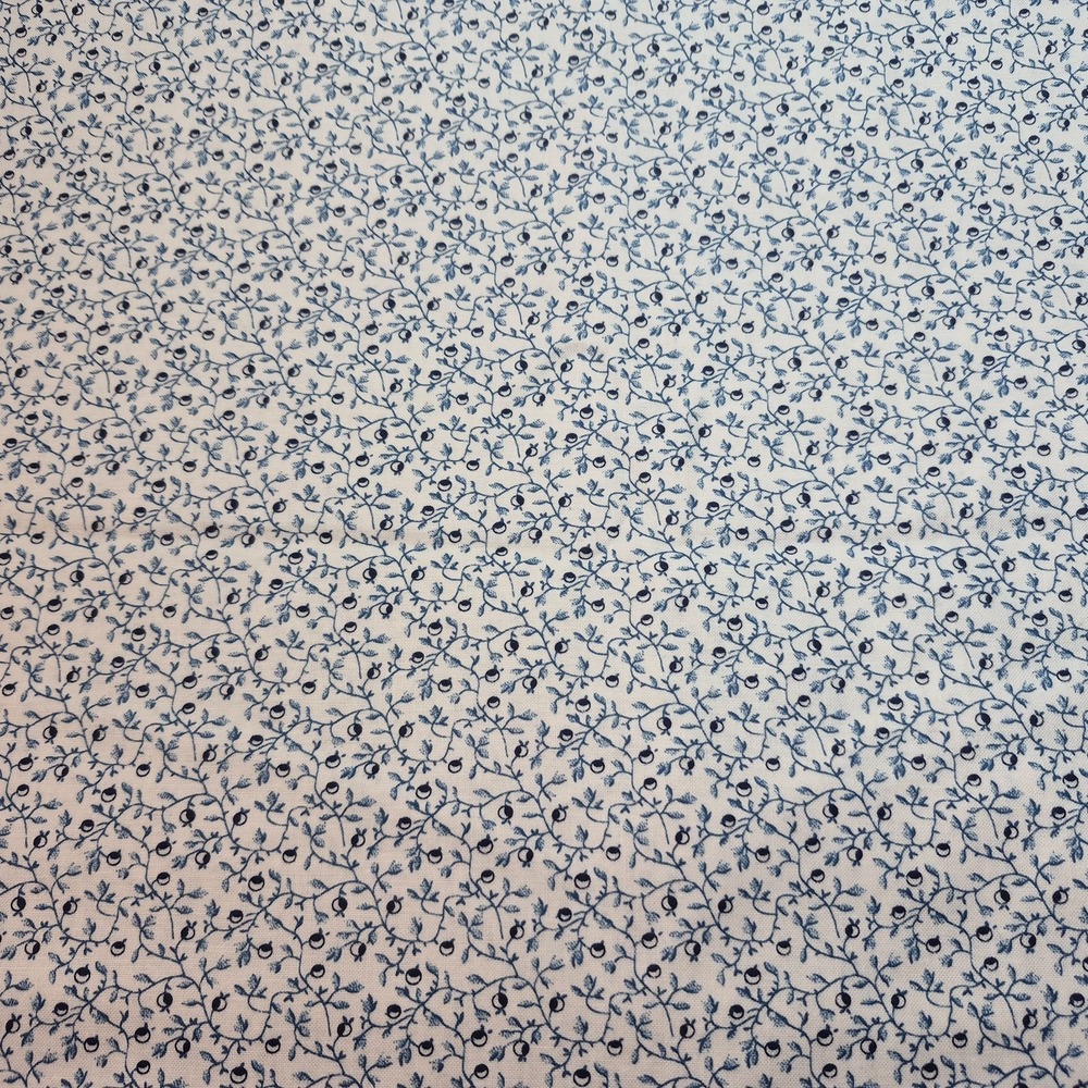 Small Blue Flowers Buds Vines on White Calico Cotton Fabric 3 Yards